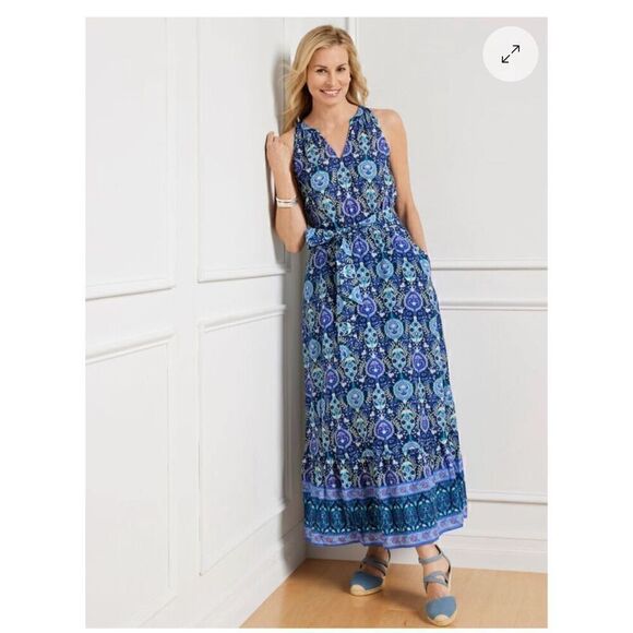 Talbots 6P Floret Medallion maxi dress cinched tie waist - Picture 1 of 9